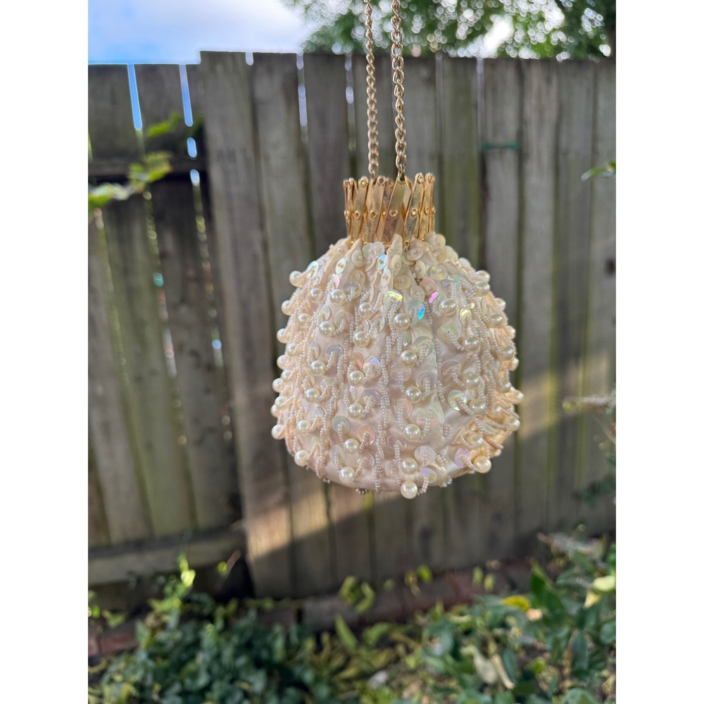 Vintage Handmade Hong Kong Pearl Sequin Beaded Satin Evening Bag Gold Crown Top